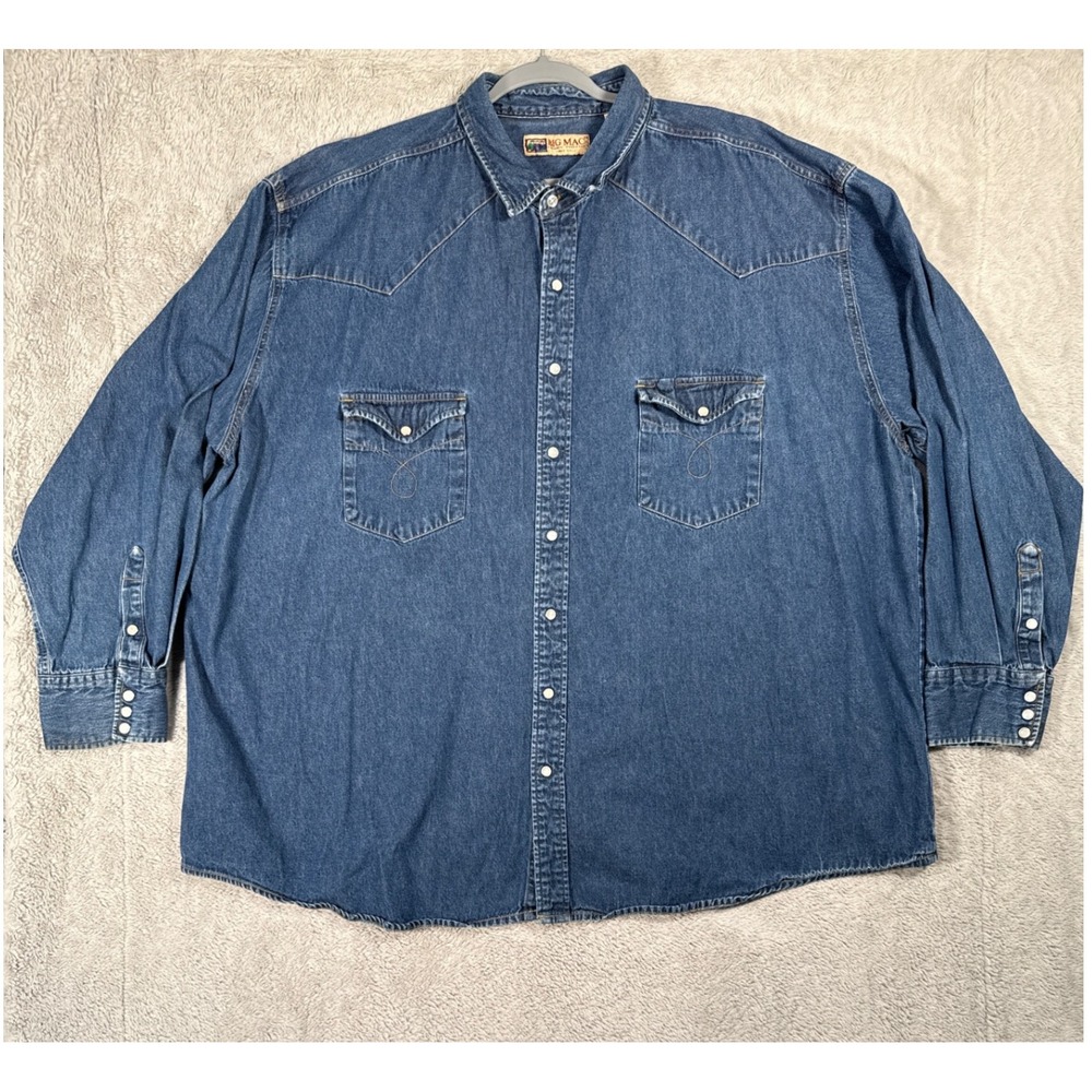 Big Mac Mens 4XLT Denim Shirt Western Workwear Blue Pearl Snap Up Authentic READ